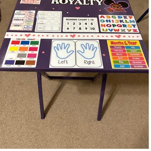 Könnte beinhalten: Ein lila Kindertisch mit Lerntafeln. Der Tisch hat eine Alphabettabelle, eine Zahlentabelle, eine Farbtabelle und eine Tabelle der Monate des Jahres. Der Tisch trägt auch das Wort "ROYALTY".