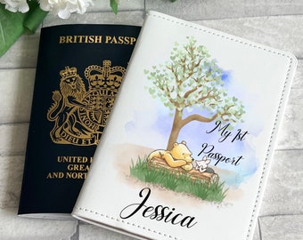Personalised Pooh bear 1st passport cover, custom passport cover, travel accessories, new baby gift, passport holder, baby shower gift