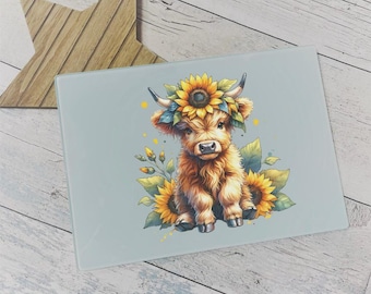 Sunflower Highland Cow Glass Chopping Board | Farmhouse Kitchen Decor | Scottish Cow Worktop Saver | Heat Resistant Cutting Board