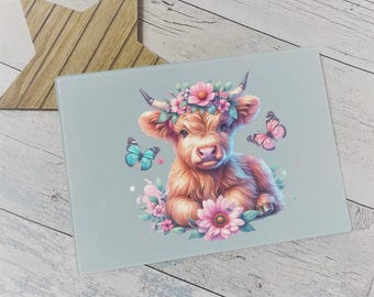 Pink flowers Highland Cow Glass Chopping Board | Farmhouse Kitchen Decor | Scottish Cow Worktop Saver | Heat Resistant Cutting Board