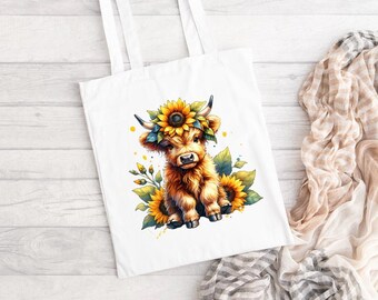Sun Flower Highland Cow Tote Bag - Highland Cow - Highland Cow Gift