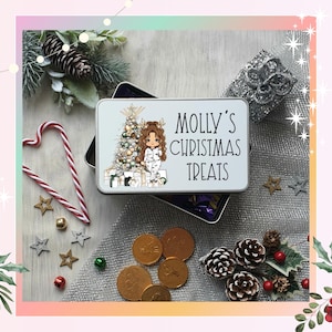 Personalised Family Christmas White PJs Girl Christmas Cookie Tin - Custom Treat Box- Personalised Biscuit Tin