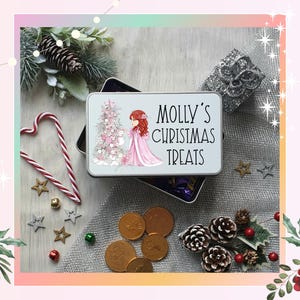 Personalised Pink Snow Christmas Girl Christmas Cookie Tin - Custom Treat Box- Personalised Biscuit Tin