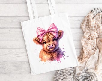 Pink Bow Highland Cow Tote Bag - Highland Cow - Highland Cow Gift
