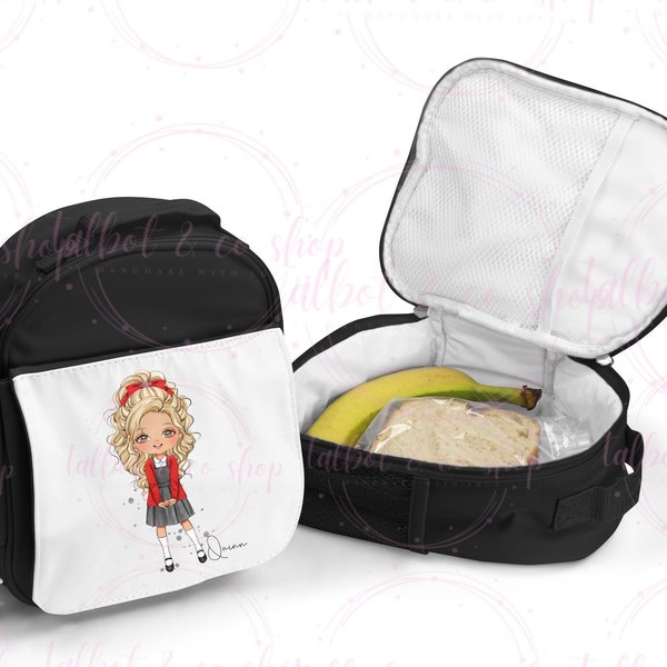 Personalised red & grey school girl Lunch Box, Personalised Lunch Bag, lunchbox, School bag, nursery bag, lunch bag for kids