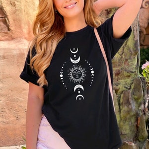 Sun & moon unisex t-shirt, boho t-shirt women apparel, trendy shirt, crescent and sun t-shirt, moon shapes t-shirt, mystical moon t-shirt