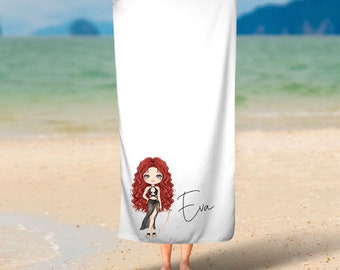 Personalised long hair black long bikini beach fashion girl beach towel, beach towel personalised, beach towel, personalised bath towel
