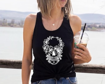 skull with lillies vest top, yoga vest top, fitness workout vest top, yoga tank top, gym vest top