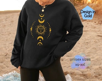 Sun & moon black sweatshirt gold Print, boho sweatshirt, moon sweatshirt