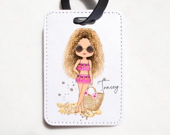 Personalised pink sunglasses beach fashion girl luggage tag, traveler’s tag, name luggage tag, personalised suitcase tag, luggage label,