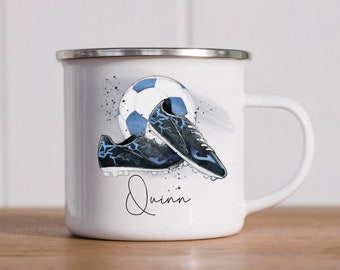 Personalised football boots enamel camping mug, gift for kids, children’s mug, enamel mug, kid’s mug, Tin mug, unbreakable mug