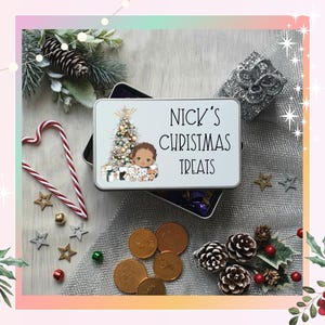 Personalised White Christmas pjs baby Boy Christmas Cookie Tin - Custom Treat Box - Personalised Biscuit Tin
