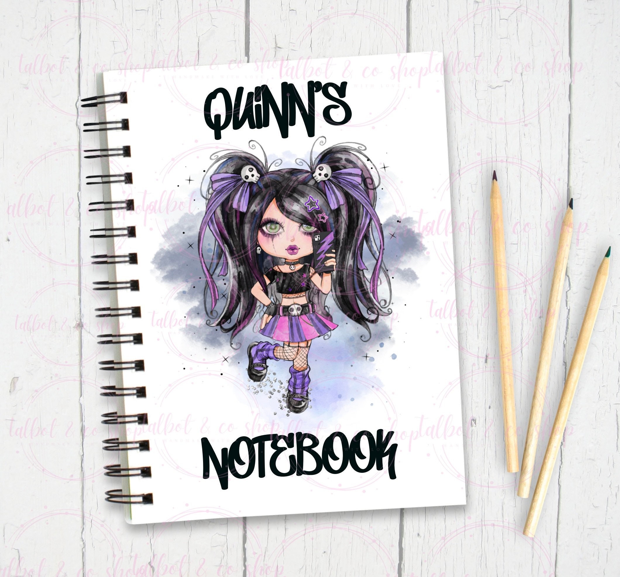 Personalised Goth Girl Notebook, Custom Name Journal, A5 Lined Notebook ...