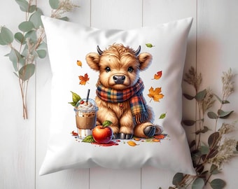 Autumn Highland Cow Pillow Cover: Farmhouse Sofa Decor (20x20 inches)