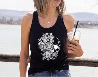 skull with roses vest top, yoga vest top, fitness workout vest top, yoga tank top, gym vest top