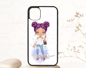 Coque iPhone personnalisée cheveux violets selfie fille, iPhone 6,7,8,9,11,12,13 pro,pro max, x,Xr, couverture de cas de téléphone nom personnalisé personnalisé