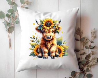 Sunflower Highland Cow Pillow Cover: Farmhouse Decor (20x20 inches)