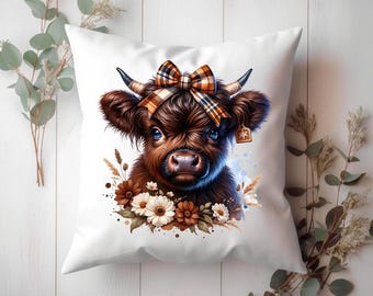Highland Cow Cushion Cover: Rustic Farmhouse Pillow, 20x20