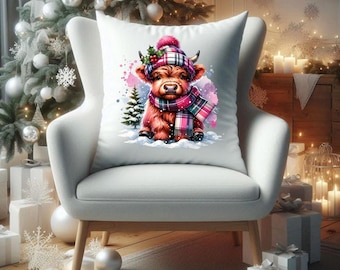 Christmas Highland Cow Cushion Cover | Decorative Throw Pillow Case | Modern Farmhouse Pillow Cover | Rustic Living Room Sofa Decor