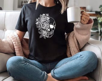 Skull and Flowers Graphic T-Shirt | Gothic Cotton Tee