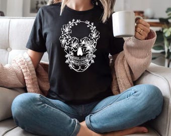 Boho Skull T-Shirt with Lilies | Gothic Floral Tee