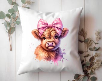 Pink Bow Highland Cow Cushion Cover | Decorative Throw Pillow Case | Modern Farmhouse Pillow Cover | Rustic Living Room Sofa Decor