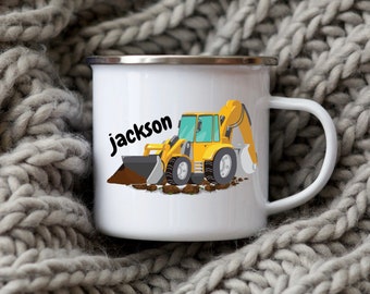 Personalised digger enamel camping mug, gift for kids, children’s mug