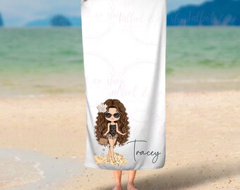 Personalised black sunglasses beach fashion girl beach towel, beach towel personalised, custom beach towel, personalised bath towel