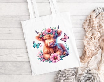 Floral Highland Cow Tote Bag – Rustic Countryside Shopper
