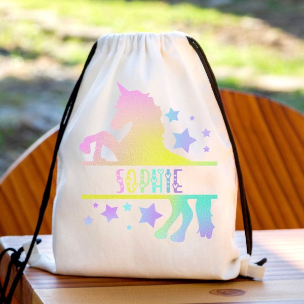 Personalised rainbow unicorn rainbow drawstring bag, gym pe drawstring bag,