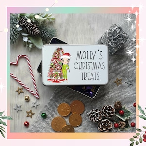 Personalised Christmas Green Onesies Girl Christmas Cookie Tin - Custom Treat Box - Personalised Biscuit Tin