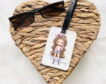 Personalised pink fashion girl luggage tag, traveler’s tag, name luggage tag, personalised suitcase tag, luggage label,  bag tag