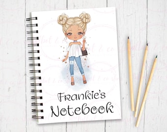 Personalised Fashion Girl Notebook, Custom Name Journal, A5 Lined Notebook, Gift for Student, Teacher or Friend