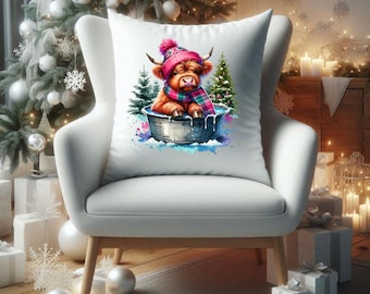 Christmas Highland Cow Bath Pillow Cover: Rustic Farmhouse Decor
