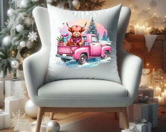 Christmas Highland Cow Truck Pillow Cover: Rustic Farmhouse Decor