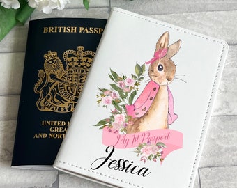 Personalised flopsy rabbit 1st passport cover, custom passport cover, travel accessories, new baby gift, passport holder, baby shower gift