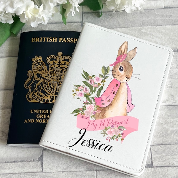 Personalised flopsy rabbit 1st passport cover, custom passport cover, travel accessories, new baby gift, passport holder, baby shower gift