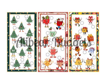 May include: Three colorful Christmas-themed game boards featuring cartoon illustrations. One board has green Christmas trees, another has animated mugs of hot cocoa, and the last has gift boxes. Each board has a decorative border and the text "Alibear Budgets".