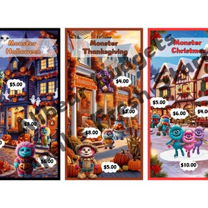 May include: Three illustrated images of monster-themed shops with different holiday themes: Halloween, Thanksgiving, and Christmas. Each shop has a variety of prices listed in dollars.