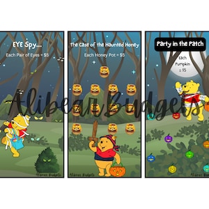 Puede incluir: Tres cartas de juego ilustradas con Winnie de Pooh vestido con un disfraz de Halloween. La primera carta se titula "Eye Spy..." y muestra a Winnie de Pooh con un disfraz de vendaje sosteniendo una bolsa azul. La segunda carta se titula "The Case of the Haunted Honey" y muestra a Winnie de Pooh con un disfraz de pirata sosteniendo una calabaza. La tercera carta se titula "Party in the Patch" y muestra a Winnie de Pooh con un disfraz de momia sosteniendo una calabaza.