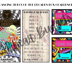 May include: A printable game board for a "Dancing Through the Decades" box challenge. The board features a savings tracker, "I Owe You" cards, and a timeline of decades from the 1920s to the 2000s.