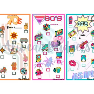 Puede incluir: Tres listas de verificación coloridas con temas retro. La lista de verificación de los años 70 presenta una seta, una flor, un signo de la paz y patines. La lista de verificación de los años 80 incluye un cubo de Rubik, un radiocasete, una cinta de cassette y patines. La lista de verificación de los años 90 tiene un teléfono móvil, una cinta de cassette y un Furby.