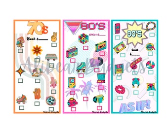 May include: Three colorful retro-themed checklists. The '70s checklist features a mushroom, flower, peace sign, and roller skates. The '80s checklist includes a Rubik's Cube, boombox, cassette tape, and roller skates. The '90s checklist has a cell phone, cassette tape, and Furby.