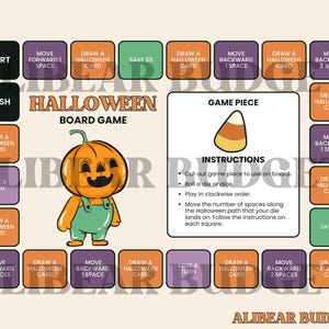May include: A Halloween-themed board game with a pumpkin character in overalls. The game board features squares with instructions like "Draw a Halloween Card" and "Move Backward 2 Spaces". The game includes a candy corn game piece.