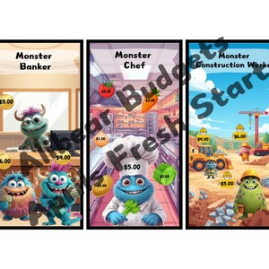 Puede incluir: Tres ilustraciones coloridas con monstruos de dibujos animados en diferentes profesiones. La primera muestra un "Monster Banker", la segunda un "Monster Chef" y la tercera un "Monster Construction Worker". Cada imagen incluye etiquetas de precios.