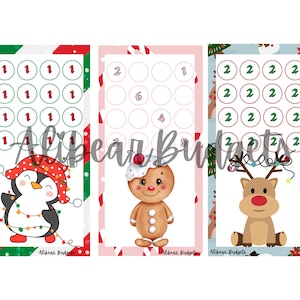 Puede incluir: Tres tablas de cuenta atrás de Navidad imprimibles con un pingüino, un hombre de jengibre y un reno. Cada tabla tiene un patrón de fondo diferente e incluye los números 1, 2 y 6. Las tablas están diseñadas para usar con pegatinas u otros marcadores.