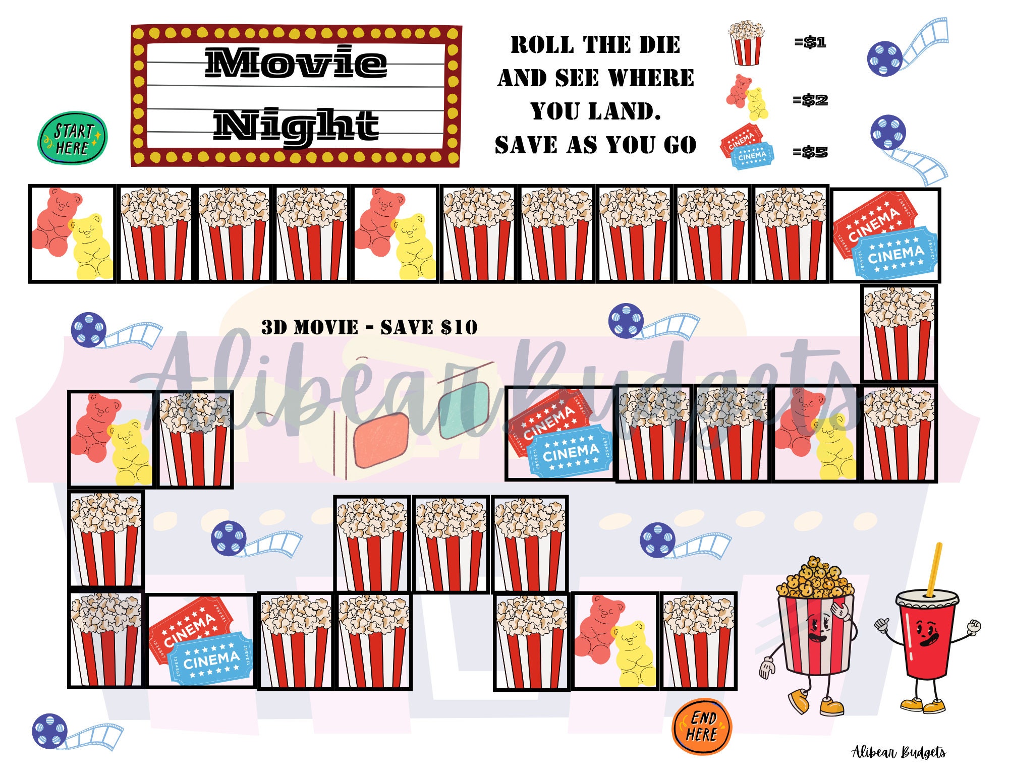Savings Dice Board Game | Movie Night | Digital | Cash Envelope Budget Challenge