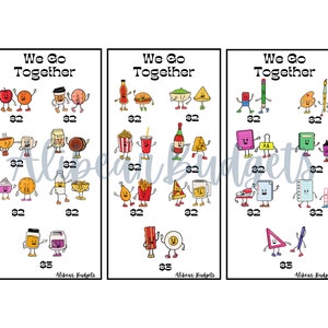 May include: Three sets of colorful cartoon illustrations with the text "We Go Together" at the top of each set. Each set features pairs of cartoon characters holding hands. The characters represent different food and school supplies.