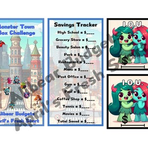 May include: A printable game for kids featuring a monster town theme. The game includes a savings tracker, a monster town box challenge, and I.O.U. cards. The game is designed to help kids learn about money and budgeting.