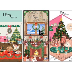 Op de afbeelding: Drie geïllustreerde kerstthema "Ik zie..." spellen met verborgen objecten om te vinden. Het eerste spel toont een woonkamer met een kerstboom, cadeaus en een peperkoekhuis. Het tweede spel toont een open haard met een kerstboom, kousen en een notenkraker. Het derde spel toont een kerstboom met een gezin van drie dat er voor staat.